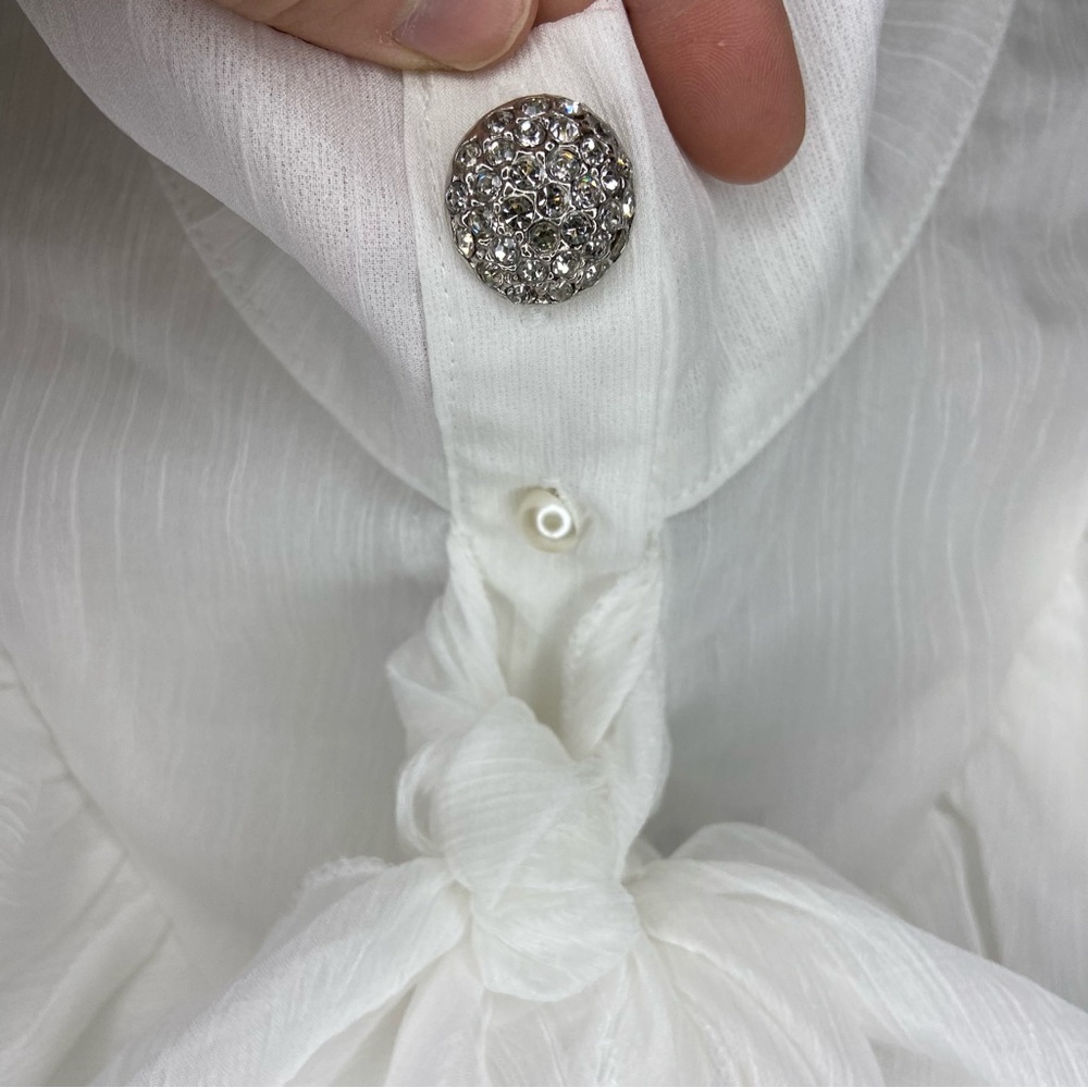 Forever Unique Organza Ruffle Trim Button Down Tie Blouse In White Size 14 - Picture 12 of 15